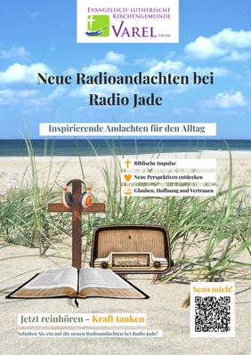 Nordseestrandbild mit Hinweis auf Radioandachten bei Radio Jade.