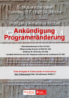 Programmänderung zum Mozart-Konzert in der Schlosskirche Varel.
