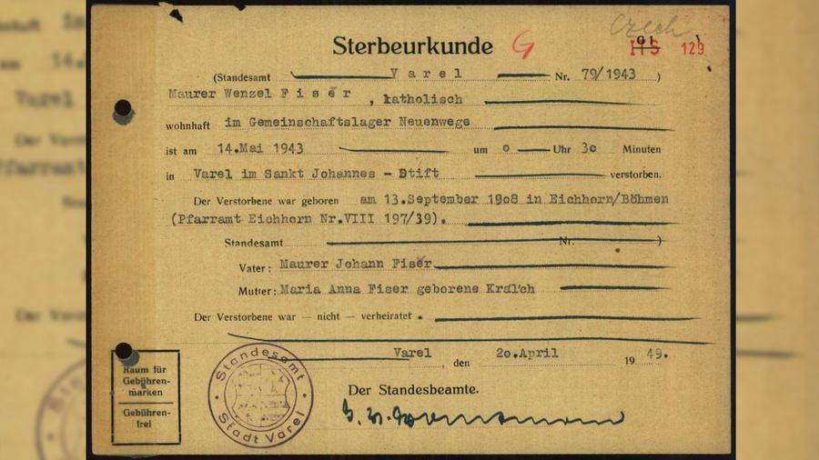 Sterbeurkunde Wenzel Fisers.