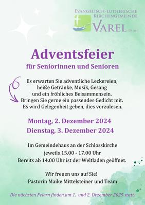 Einladung zur Seniorenadventfeiern im Gemeindehaus an der Schlosskirche Varel.