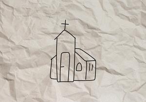 Zeichnung einer Kirche auf zerknittertem Papier