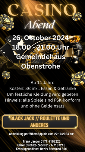 Einladung zum Casino Abend im Gemeindehaus St. Michael Obenstrohe.