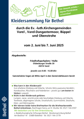 Kleidersammlung für Bethel - 2. Juni bis 7. Juni 2025.